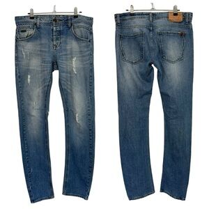 Rifle Slim Straight Leg Jeans Mens 32/35 Medium Wash Denim Distressed Casual GUC